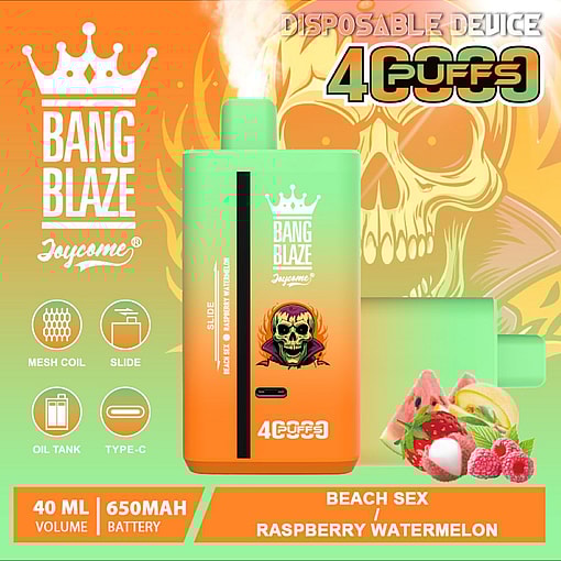 Promotional Image For The Bang Blaze Disposable Vape Device, Featuring A Green And Orange Gradient Design, Details Like 40Ml Volume, 650Mah Battery, Raspberry And Watermelon Flavoring, And Bold Branding Text With Illustrated Fruit And A Flaming Skull Background.