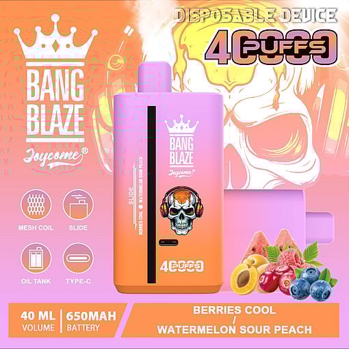 Promotional Image Of A Bang Blaze Disposable Vaping Device In An Orange-To-Purple Gradient With 40Ml Capacity And 650Mah Battery, Adorned With A Skull Graphic And Advertising Flavors Berries Cool And Watermelon Sour Peach.