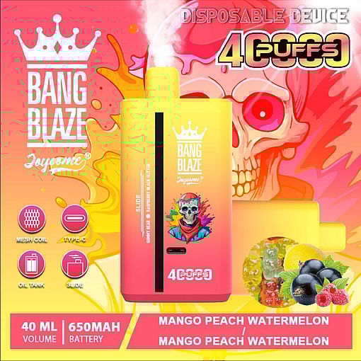 Promotional Image For The Bang Blaze Disposable Vape Device Featuring A Skull Graphic, Product Details Such As 40Ml Liquid Capacity And 650Mah Battery, And Flavors Like Mango Peach Watermelon.