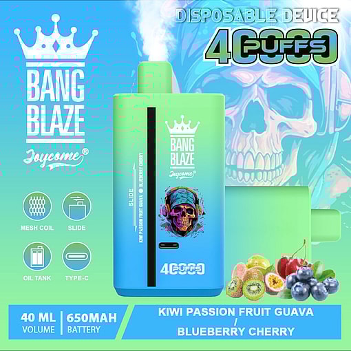 Promotional Image Of The Bang Blaze Disposable Vape Displaying 4000 Puffs Capacity, Features Kiwi Passion Fruit Guava Or Blueberry Cherry Flavors, Mesh Coil Technology, 40Ml Oil Tank, Usb Type-C Charging, And A 650Mah Battery, With Colorful Fruit Illustrations And Stylized Design Elements.