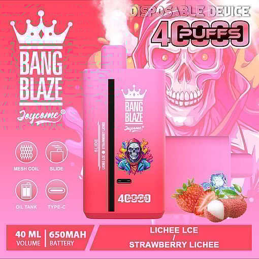 Reklambild för Bang Blaze Joycome engångsvape i rosa, med en volym på 40 ml e-vätska, 650 mAh batteri och smaker som litchi-is och jordgubbslitchi.