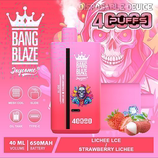 A Promotional Image For The Bang Blaze Joycome Disposable Vape Device Featuring A Pink Design With Crown Branding, Specifications, And Flavor Description Of Lychee Ice And Strawberry Lychee, Along With Stylized Fruit Graphics.