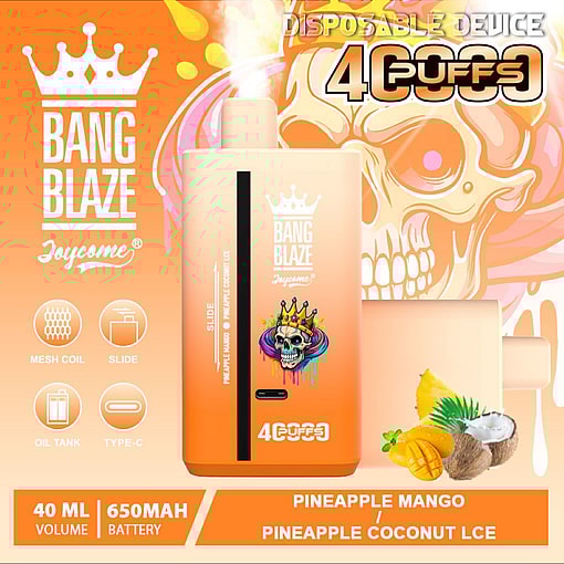 Promotional Image Of The Bang Blaze Joycome Disposable Vaping Device Featuring Its Pineapple Mango And Pineapple Coconut Ice Flavors, With Design Elements Including A Skull Wearing A Crown On The Device And Colorful Tropical Fruit Accents.