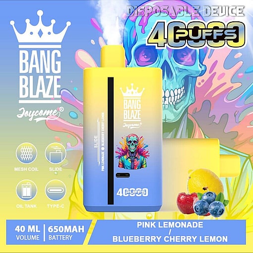 Livfull reklambild för Bang Blaze Joycome engångsvape-enhet, med färgglad förpackning med en skelettillustration och höjdpunkter, smakalternativ som rosa lemonad och blåbärs-körsbärscitron, tillsammans med produktspecifikationer som 40 ml volym och 650 mAh batteri.