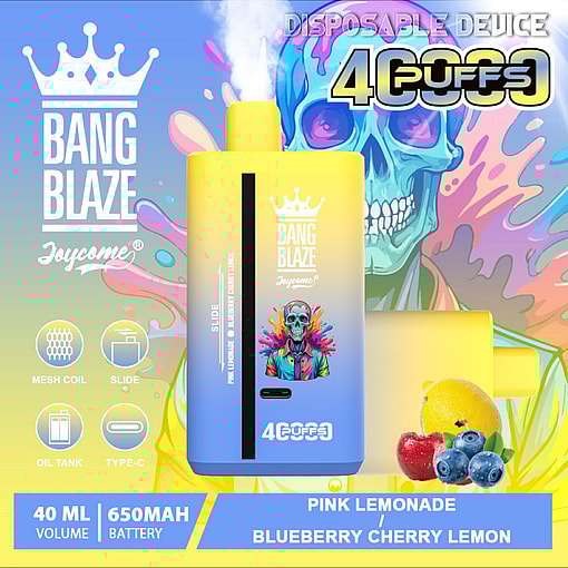 Promotional Image Featuring A Colorful Disposable Vaping Device, Branded 'Bang Blaze 40000 Joycome,' With Flavors 'Pink Lemonade' And 'Blueberry Cherry Lemon,' 4000 Puffs Capacity, 40Ml Volume, And A 650Mah Battery, Displayed With Vibrant Graphics And Fruit Visuals.
