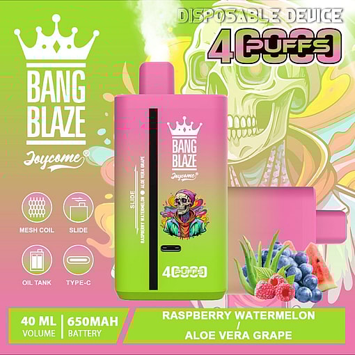 Promotional Image Of The Bang Blaze Disposable Vape Device Featuring Raspberry Watermelon And Aloe Vera Grape Flavors, With Colorful Packaging Including A Skeleton Graphic And Lime Green Background.