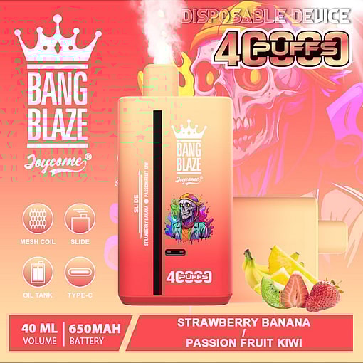 Advertisement For Bang Blaze Joycome Disposable Vape With 40Ml Capacity, 650Mah Battery, Fruit Flavors Like Strawberry Banana And Passion Fruit Kiwi, And Vibrant Branding.