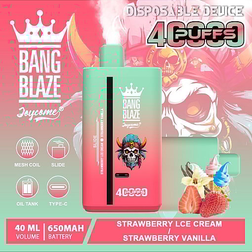 Promotional Image Of The Bang Blaze Disposable Vape Featuring Strawberry Ice Cream Flavor, Showcasing Its Colorful Package Design With A Skull-Themed Graphic, Labeled As Offering 4,000 Puffs, 40Ml Volume, A 650Mah Battery, And Mesh Coil Technology.