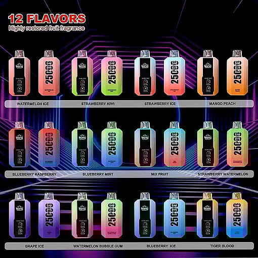 Bang 25000 A Display Showcasing Twelve Colorful Vape Devices, Each Labeled With A Unique Fruit-Flavored Option, Such As Watermelon Ice And Mango Peach, Arranged Against A Vibrant Background.