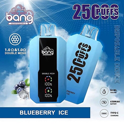 Advertisement For Bang Brand Disposable Vape Featuring 'Blueberry Ice' Flavor, With 2500 Puffs Capability, 1.0 Double Mesh Coil, 30Ml Liquid Volume, 650Mah Battery, And Type-C Charging, Depicted In Blue And Black Packaging With A Blueberry-Themed Background.