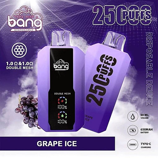 Promotional Graphic For Bang Disposable Vape In Grape Ice Flavor, Highlighting 2500 Puffs, 30Ml E-Liquid Capacity, 650Mah Battery, And Type-C Charging.