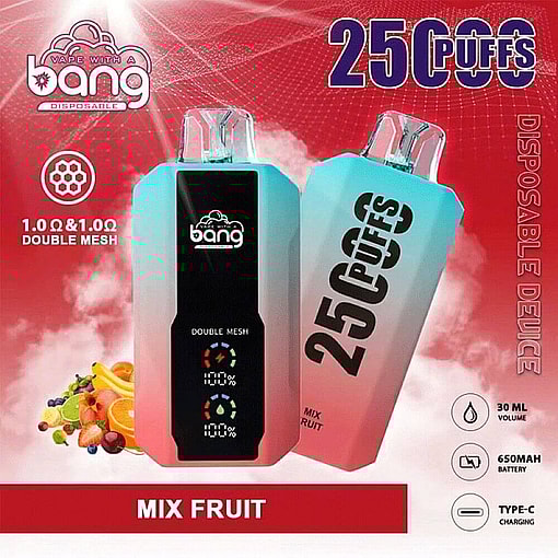 Promotional Image For A Bang Disposable Mix Fruit-Scented Vaping Device, Showcasing The Device'S 25,000 Puff Capacity, Double Mesh Coils, And Highlighting Features Like A 650Mah Battery And Type-C Charging, With Colorful Fruit Graphics In The Background.