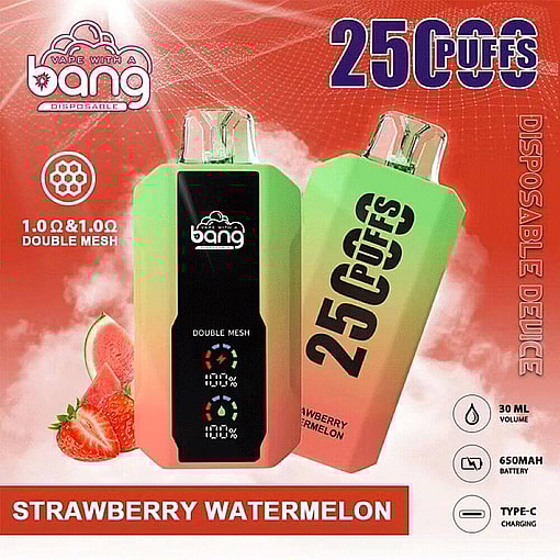 Promotional Image For A Disposable Vape Device Featuring A Strawberry Watermelon Flavor, 2500 Puffs, Dual Mesh Coils, 650Mah Rechargeable Battery, And A 30Ml Liquid Capacity.