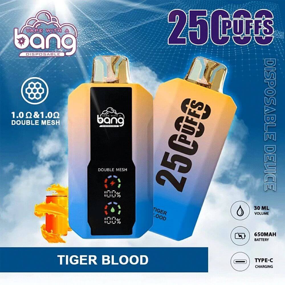 Promotional Graphic For Bang Disposable Vape Featuring The 'Tiger Blood' Flavor. The Device Features A 650 Mah Battery, Type-C Charging, And A Capacity For 2500 Puffs With 30 Ml E-Liquid. The Image Highlights Its Double Mesh Technology And Displays The Product In Two Views Against A Blue Sky Background.
