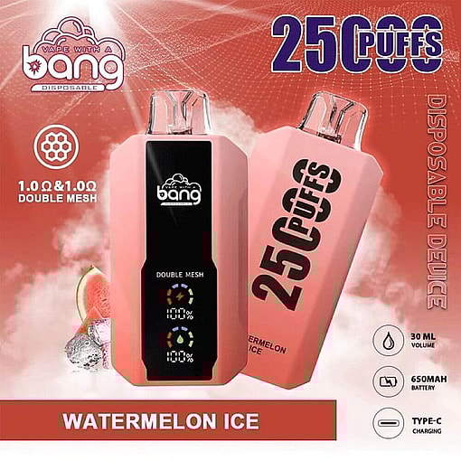 Promotional Image Of A Pink Disposable Vape Device Branded 'Bang' With The Flavor 'Watermelon Ice,' Featuring Specifications Like 30 Ml Volume, 650Mah Battery, And Type-C Charging, Displayed Against A Red Smoky Background.