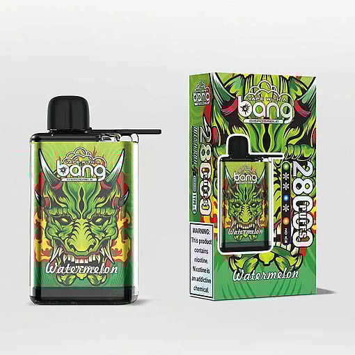 A Vibrant Packaging And Device For The Bang Disposable Vape In Watermelon Flavor, Featuring A Green Dragon Illustration With Flames And Text Warnings About Nicotine On The Box.