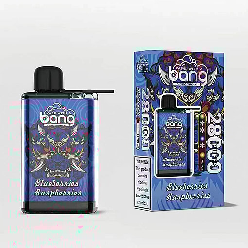 A Product Image Of The 'Bang' Disposable Vape Device With Blueberries Raspberries Flavor, Showcasing Its Ornate Blue Design Featuring A Stylized Mask Motif, Alongside Its Packaging Emphasizing 2800 Puffs And Nicotine Content Warnings.