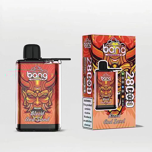 A Red-Themed Vape Device And Packaging Featuring A Stylized Demon Face Graphic, Labeled &Quot;Blood And Sand&Quot; And Accompanied By A Nicotine Warning.