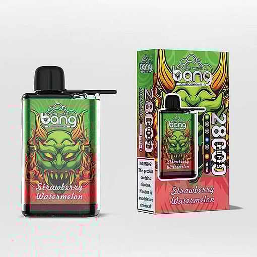 A Disposable Vape Device And Its Packaging Featuring The Label 'Bang' And A Strawberry Watermelon Flavor Description, Along With A Green Demon Illustration And Product Health Warning Labels.
