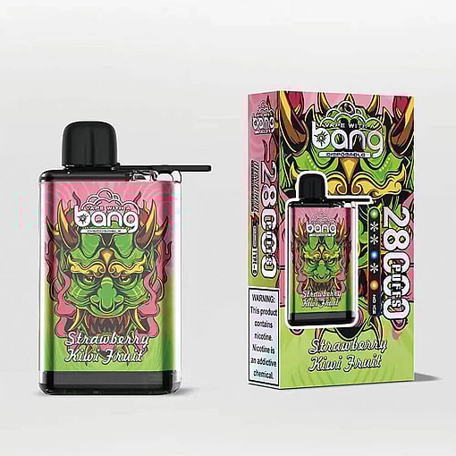 A Bang Brand Disposable Vape And Its Packaging Featuring Colorful Graphics And The Flavor Strawberry Kiwi Fruit, With A Warning Regarding Nicotine Addiction On The Box.