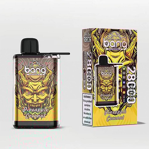 Packaging And Disposable Vape Device For Bang'S Pineapple Coconut Flavor, Featuring Yellow And Orange Fire-Themed Graphics With A Bold Demonic Figure Design.