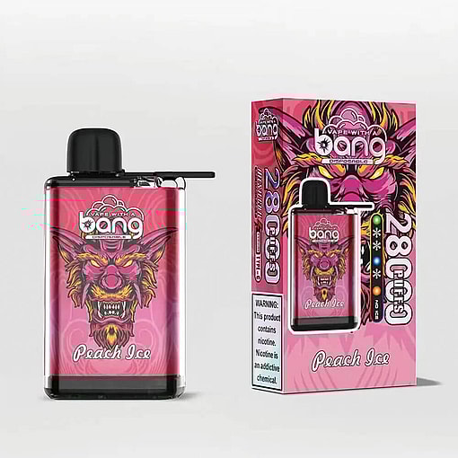 Disposable Vaping Device And Packaging Featuring Vibrant Pink And Yellow Monster Artwork, Marked As 'Peach Ice' Flavor With Warning That It Contains Nicotine.