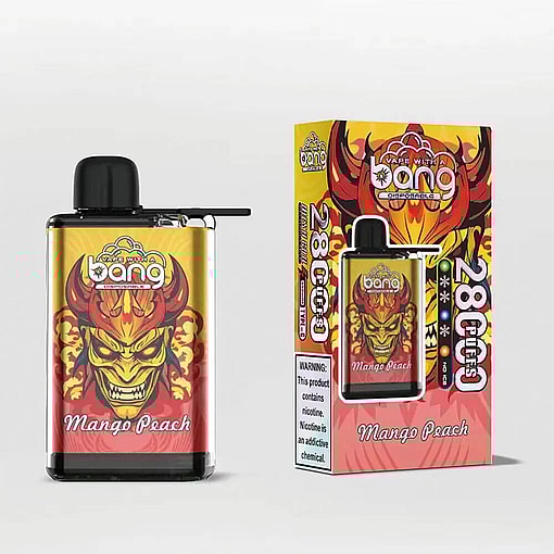 A Disposable Vape Device And Its Packaging Labeled 'Bang Mango Peach', Featuring A Fiery Demon Illustration And Warning About Nicotine Addiction.