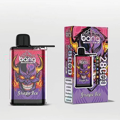 A Vape Device And Its Packaging With Colorful Artwork Featuring A Demon Graphic And The Flavor Name 'Grape Ice', Along With Warnings Regarding Nicotine Content.