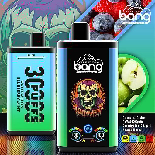 Promotional Image Of Two Vape Devices Branded 'Bang Disposable,' Featuring A Halloween-Themed Design And Offering A Variety Of Puffs And E-Liquid Capacities, Accompanied By Images Of Fruits Like Blueberries And Apples.