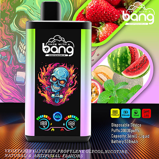 Colorful Promotional Image For The 'Vape With A Bang' Disposable Device Featuring A Skull Design, Specifications Like 30,000 Puffs, 36Ml Capacity, And 550Mah Battery Alongside Fruit Illustrations Indicating Flavor Options.