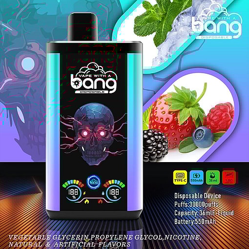 Colorful Advertisement For A Vape With A Bang Disposable Vaping Device, Featuring A Neon Skull Design And Illustrations Of Berries, Mint, And Icy Flavors.