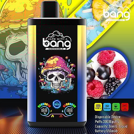 Promotional Image Of A Disposable Vape Device With A Colorful Design, Including A Skull Under A Mushroom Cap. Displays Product Specifications Such As 30,000 Puffs, 36Ml E-Liquid, And A 550Mah Battery Alongside Vibrant Images Of Berries And Popsicle Textures.