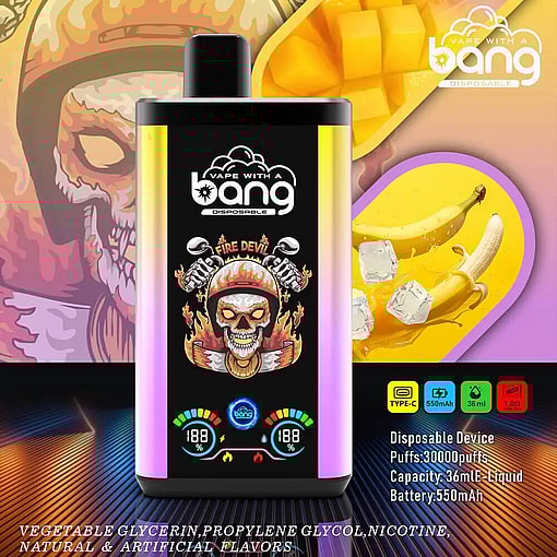 A Vibrant Promotional Image Showcasing A 'Bang' Disposable Vape Device, Labeled 'Fire Devil,' With Detailed Specifications Including 30,000 Puffs, 36Ml Liquid Capacity, And A 550Mah Battery. The Background Includes Imagery Of Bananas, Mango Chunks, And Ice Cubes, Suggesting A Fruity, Cool Flavor Profile.