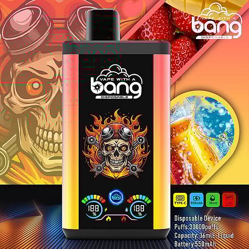A Promotional Image Of A 'Bang' Disposable Vape Device With A Colorful Design Featuring A Flaming Skull And Technical Specifications Displayed, Including 30,000 Puffs, 36Ml Capacity, And A 550Mah Battery.