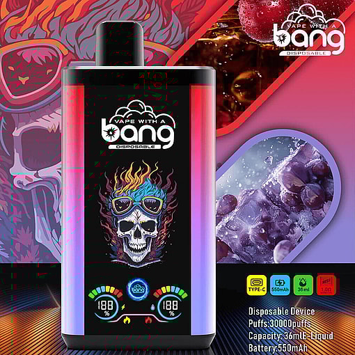 A Vibrant Promotional Image For The Bang Disposable Vaping Device, Displaying The Product With Colorful Artwork Depicting A Flaming Skull Wearing Sunglasses On Its Body, Surrounded By Graphics Of Berries And Product Specifications.