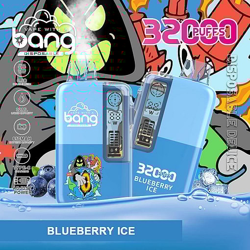 A Promotional Image For The 'Bang Disposable Vape' In The Blueberry Ice Flavor, Showcasing A Blue Vape Device With Digital Features, A Cartoon Ice And Fire-Themed Mascot, And Details Such As '3200 Puffs', '32Ml Liquid Capacity', And 'Type-C Charging'.