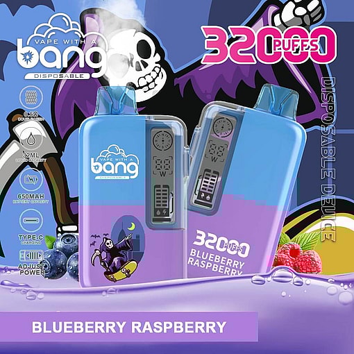 Advertisement Featuring A Disposable Vape Device Labeled 'Vape With A Bang' In A Blueberry Raspberry Flavor, Showcasing Its 3200 Puff Capacity And Technical Features Against A Colorful Backdrop With A Skeleton Graphic.