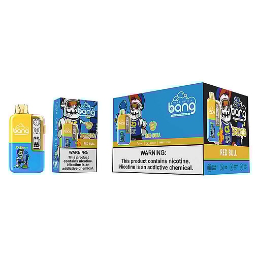 Packaging Of Bang Disposable Vaping Devices Flavored As 'Red Bull,' Featuring A Colorful Design With A Cartoon Mascot And Clear Nicotine Addiction Warning Labels.
