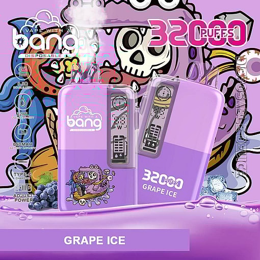A Promotional Image For Bang'S Disposable Vape In The Grape Ice Flavor, Featuring A Purple Device Design With Cartoon Graphics, Highlighting 3200 Puffs Claim And Specifications Like 32Ml Liquid Capacity And 650Mah Battery.