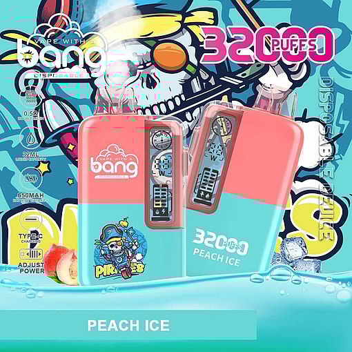 Image Showing Bang 32000 Disposable Vape With A Peach Ice Flavor, Featuring A Vibrant Design, Pirate Theme, Technical Features, And Colorful Branding.