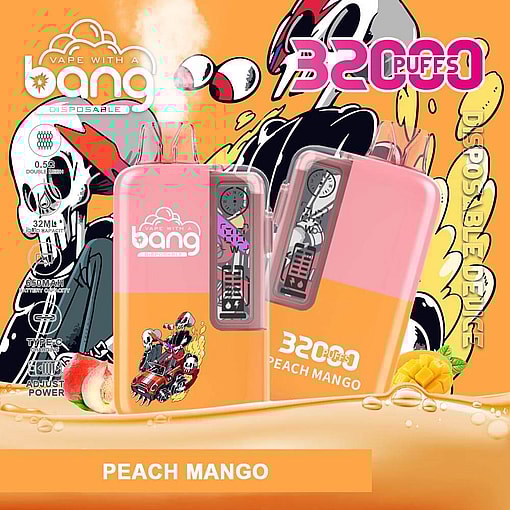 Promotional Image For A Disposable Vape Labeled 'Bang Disposable Peach Mango,' Featuring Illustrations, Descriptive Product Details Like '3200 Puffs' And '350Mah Battery Capacity,' With A Peach And Mango Graphic In The Foreground.
