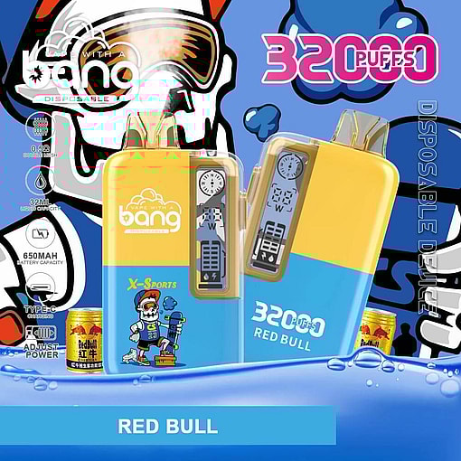 Promotional Image For Bang 32000 Disposable Vaping Device With Red Bull Flavor, Featuring Product Details Like 3200 Puffs, 650Mah Battery Capacity, And A Colorful Sports-Themed Design.