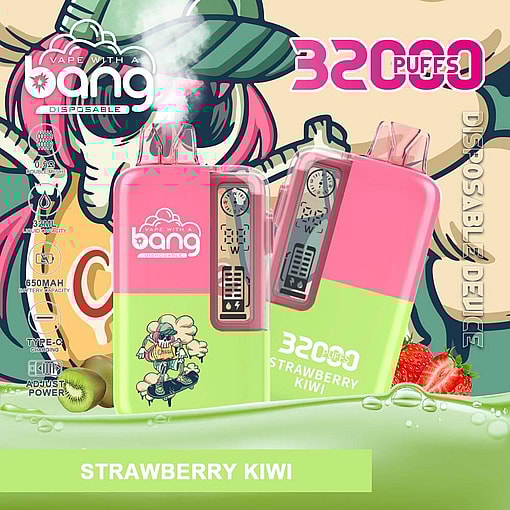 Advertisement Featuring Two Colorful Disposable Vape Devices In Pink And Green Hues, Labeled 'Bang Disposable' With Strawberry And Kiwi Design Elements And Product Specifications Such As '32,000 Puffs,' Set Against A Vibrant Illustrated Background.