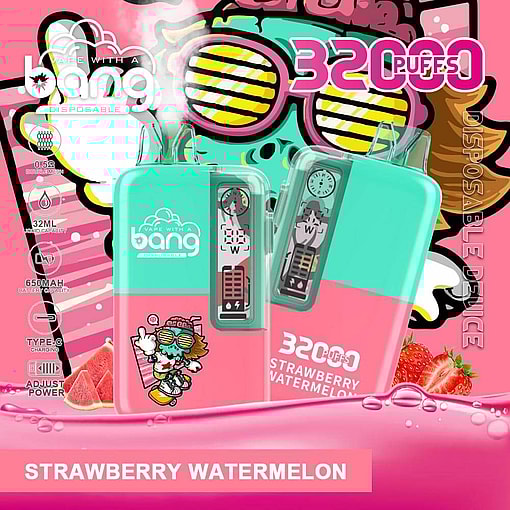 Promotional Image Showcasing A Colorful Disposable Vape Device Branded As 'Bang' With Features Like 3200 Puffs Capacity And A Strawberry Watermelon Flavor, Displayed Against A Vibrant, Playful Background.