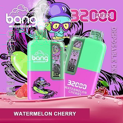 Promotional Image Featuring Bang Disposable Vape Devices In Watermelon Cherry Flavor With A Colorful Design And Product Specifications.