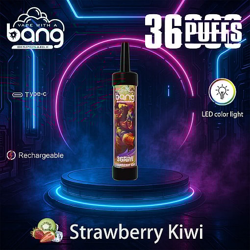 Promotional Image Of Bang Disposable Vape Featuring Strawberry Kiwi Flavor, Showcasing 3600 Puffs, Rechargeable Type-C Connectivity, Led Color Light, And A Vibrant Design In A Futuristic Neon-Lit Setting.