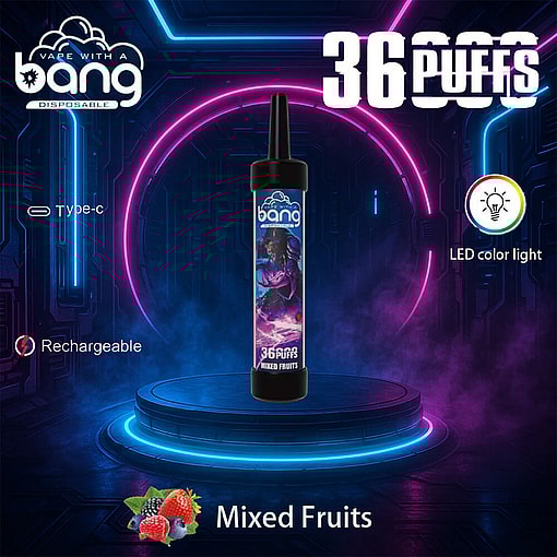 Product Image Showcasing The Bang Disposable Vape With Mixed Fruits Flavor, 3600 Puffs Capacity, Led Color Light Feature, Rechargeable Via Type-C, Displayed On A Futuristic, Neon-Lit Background.