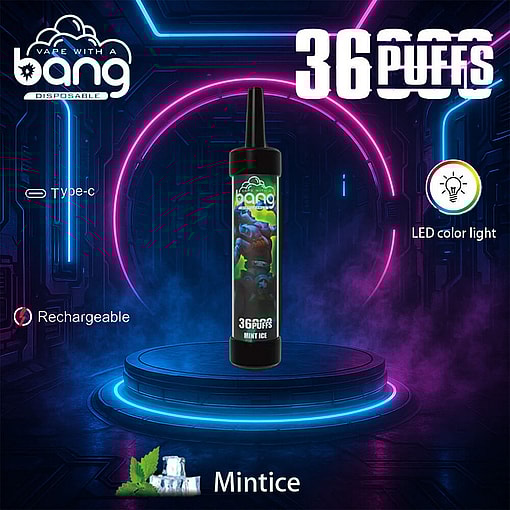 Promotional Image Of The Bang Disposable Vape Featuring Mint Ice Flavor, Showcasing Its Type-C Charging Port, Led Color Light, And Rechargeable Features With '36 Puffs' Branding In A Neon-Accented Futuristic Background.