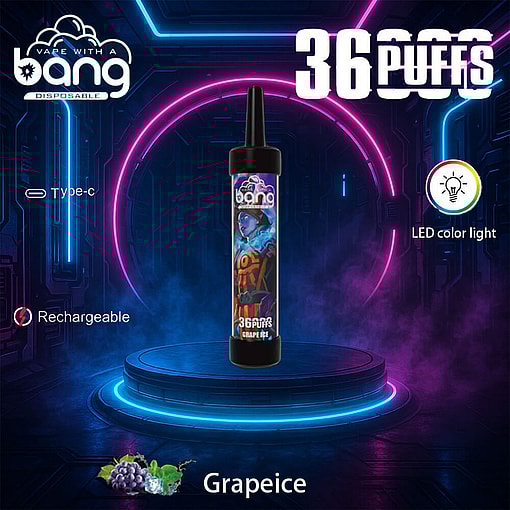 Promotional Image Of A Bang Disposable Vape Featuring 36,000 Puffs, Rechargeable Functionality, Type-C Port, Led Color Light, And Grape Ice Flavor, Set Against A Neon-Lit Futuristic Background.