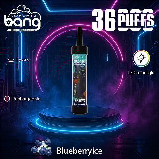 Promotional Image For Bang Disposable Vape Advertising 36000 Puffs, Rechargeable Via Type-C With Led Color Light, Featuring The Blueberry Ice Flavor, Set Against A Neon Futuristic Background.
